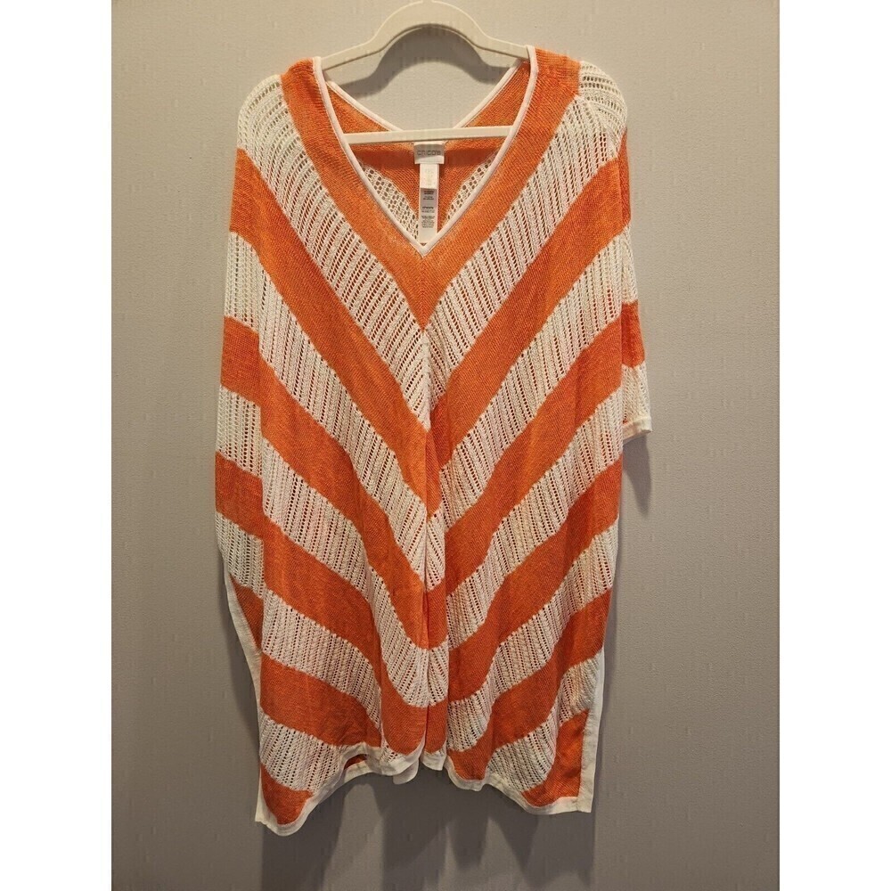 Chico's Womens Poncho One Size Coral & White Striped, V Neck Perfect For Fall